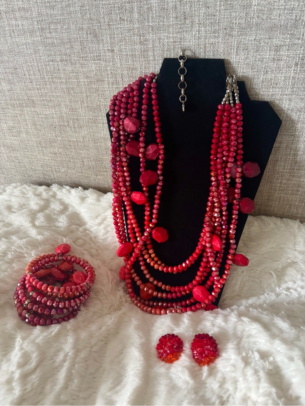 Sassy Jones Red Fire Malia Multi-Strand Necklace Set with Bracelet and Studs